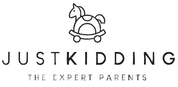 Logo of 'Just Kidding' with a horse figure and text on a white background